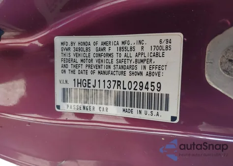 1994 Honda Civic Ex from USA, damaged, VIN 1HGEJ1137RL029459